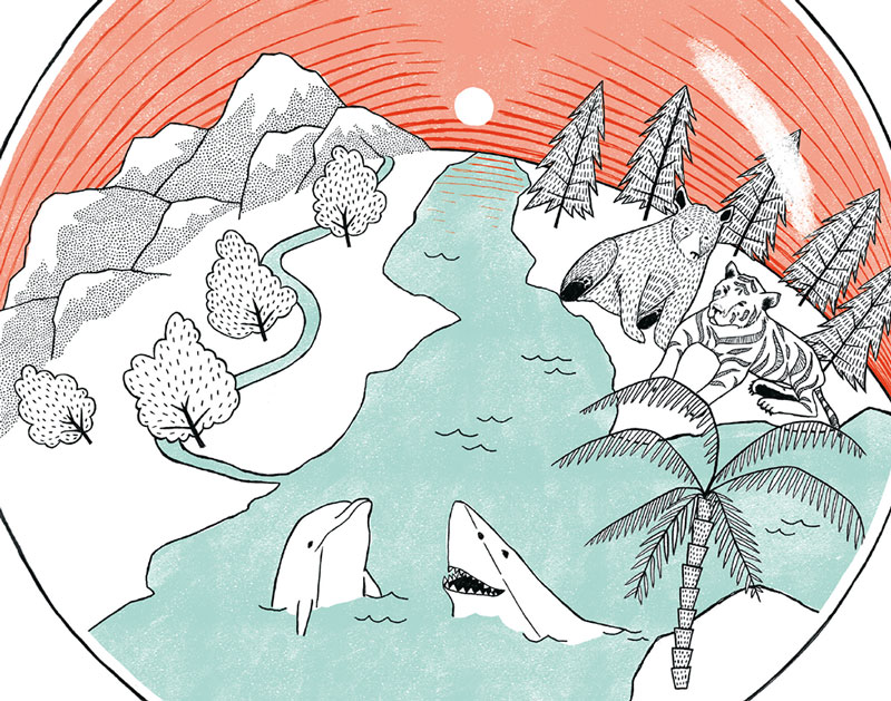 Cropped close-up of an illustrated snow globe depicting an idealized, harmonious world. Inside the globe, a lush, unpolluted landscape is shown where animals coexist peacefully — a tiger lounges near a bear, while a dolphin and shark swim side by side in clear water.